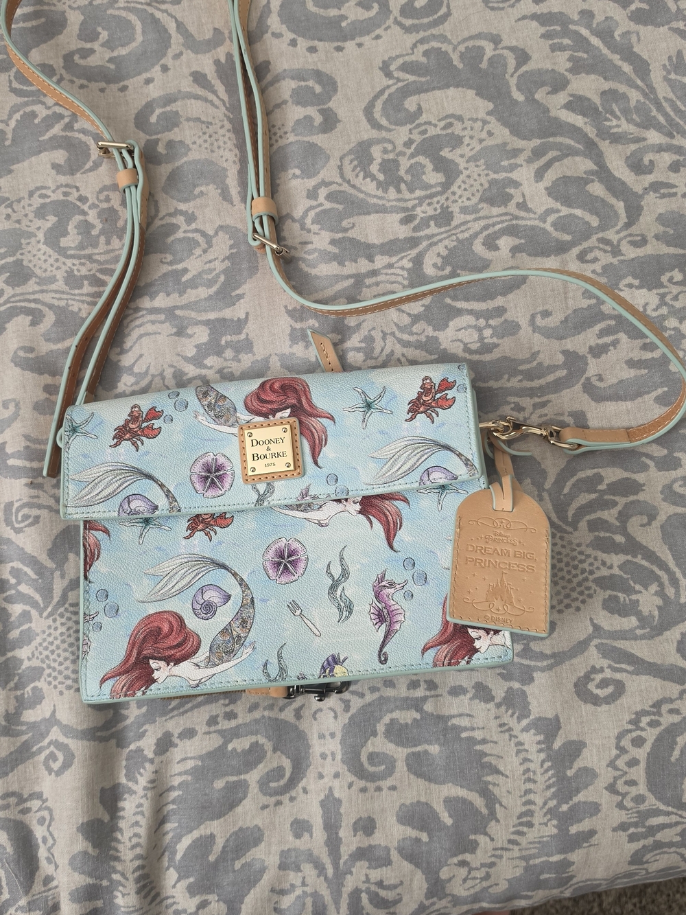 Dooney & Bourke Light Blue Mermaid Print Crossbody with Tan Accents,  New